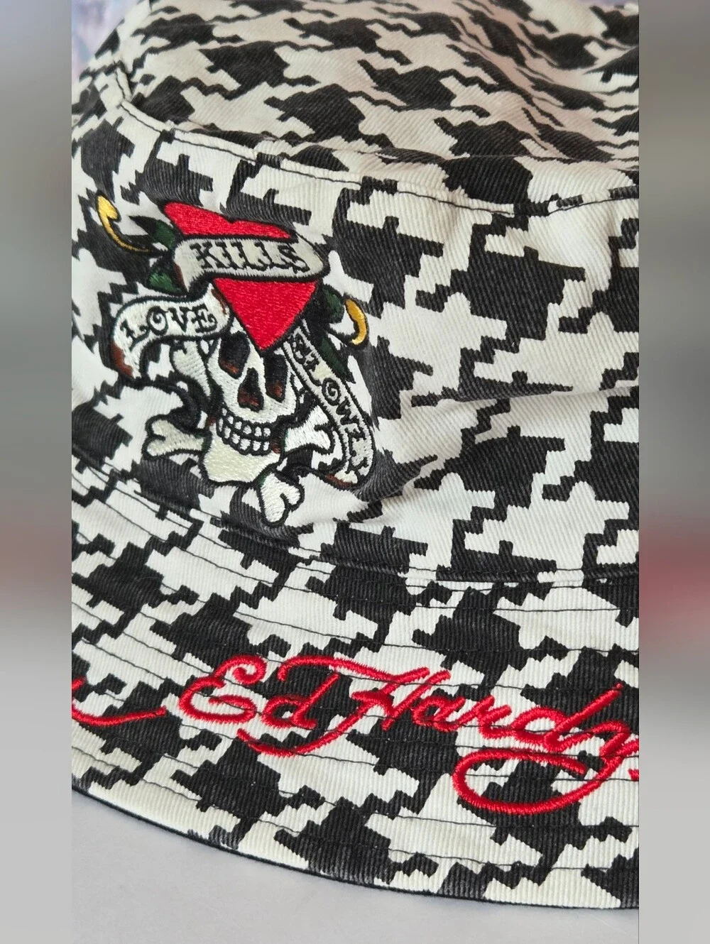 Ed Hardy Black & White Houndstooth Bucket Hat with Skull Patch